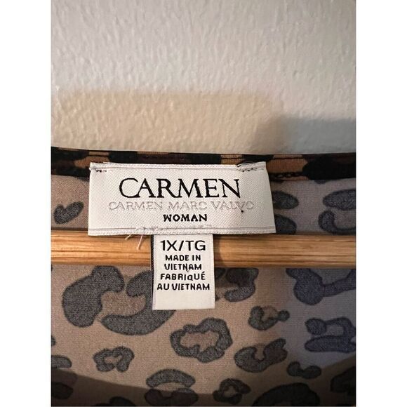 Carmen Marc Valvo 1X Leopard Print 3/4 Sleee Top Brown Tan Ruched Elevated Basic - Picture 10 of 11
